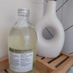 miniml refills coconut bubble bath and body wash in glass reusable bottle with aluminium lid
