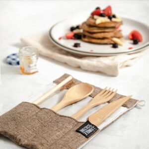 bamboo cutlery travel set in folding hessian case