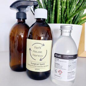 ingredients to make nancy birtwhistle's all purpose cleaner with glass reusable spray bottle