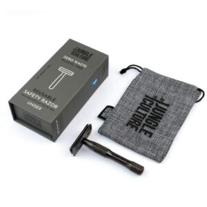 black metal reusable razor with hessian bag and gift presentation box