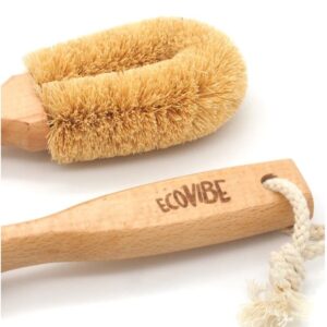 ecovibe coconut cleaning brush with long handle and string to hang up